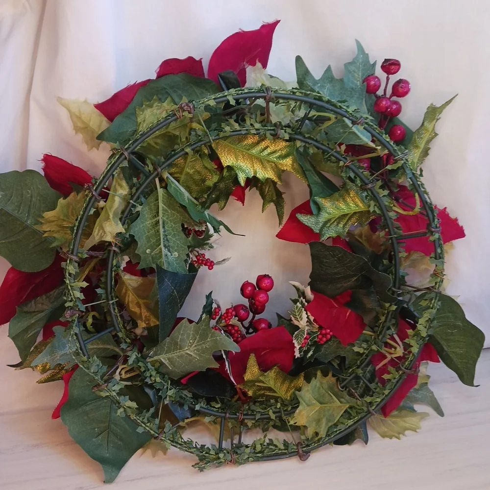 Poinsettia Berry Christmas Wreath 14 Inch Holiday Door Faux Flowers